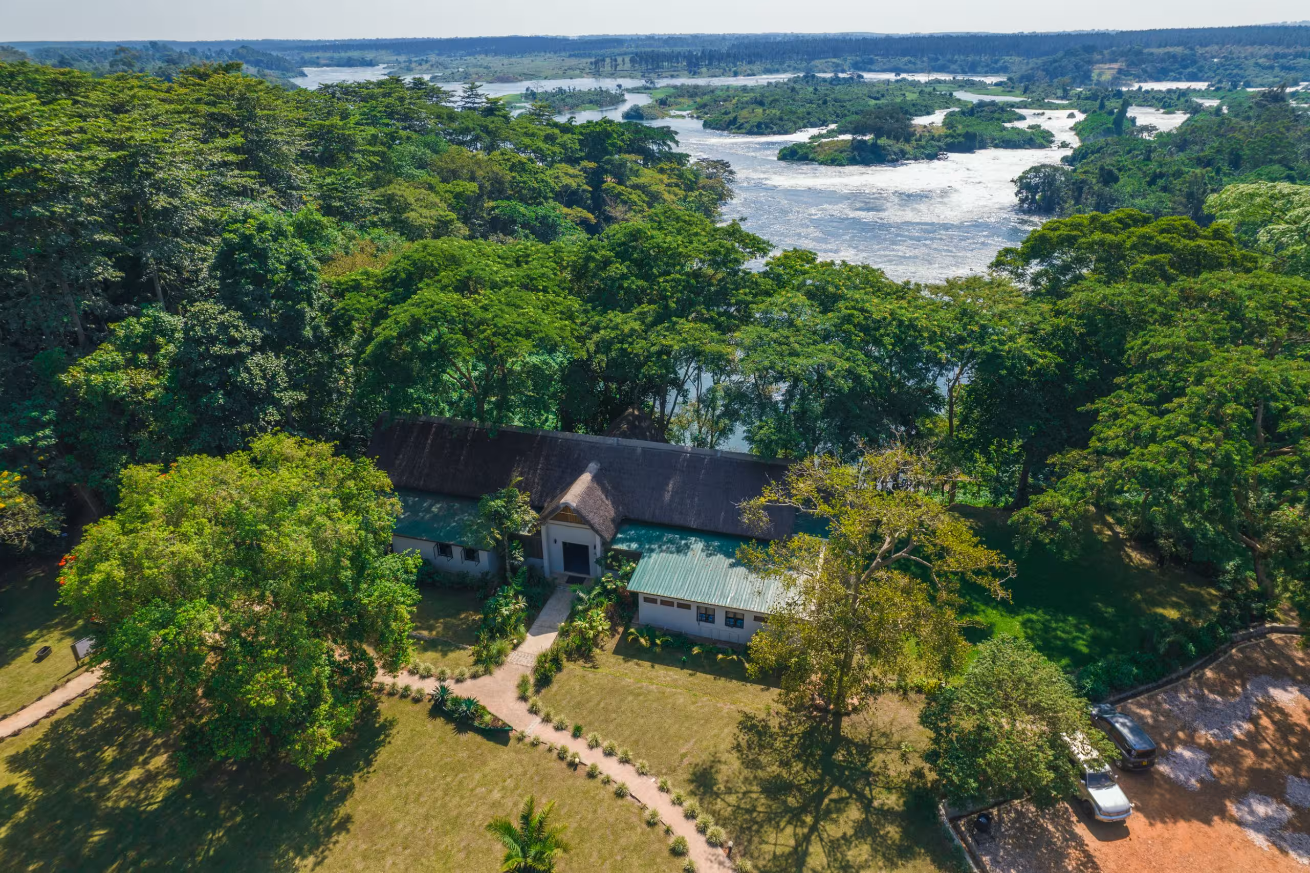Aerial view of Adrift Overland Camp on the River Nile